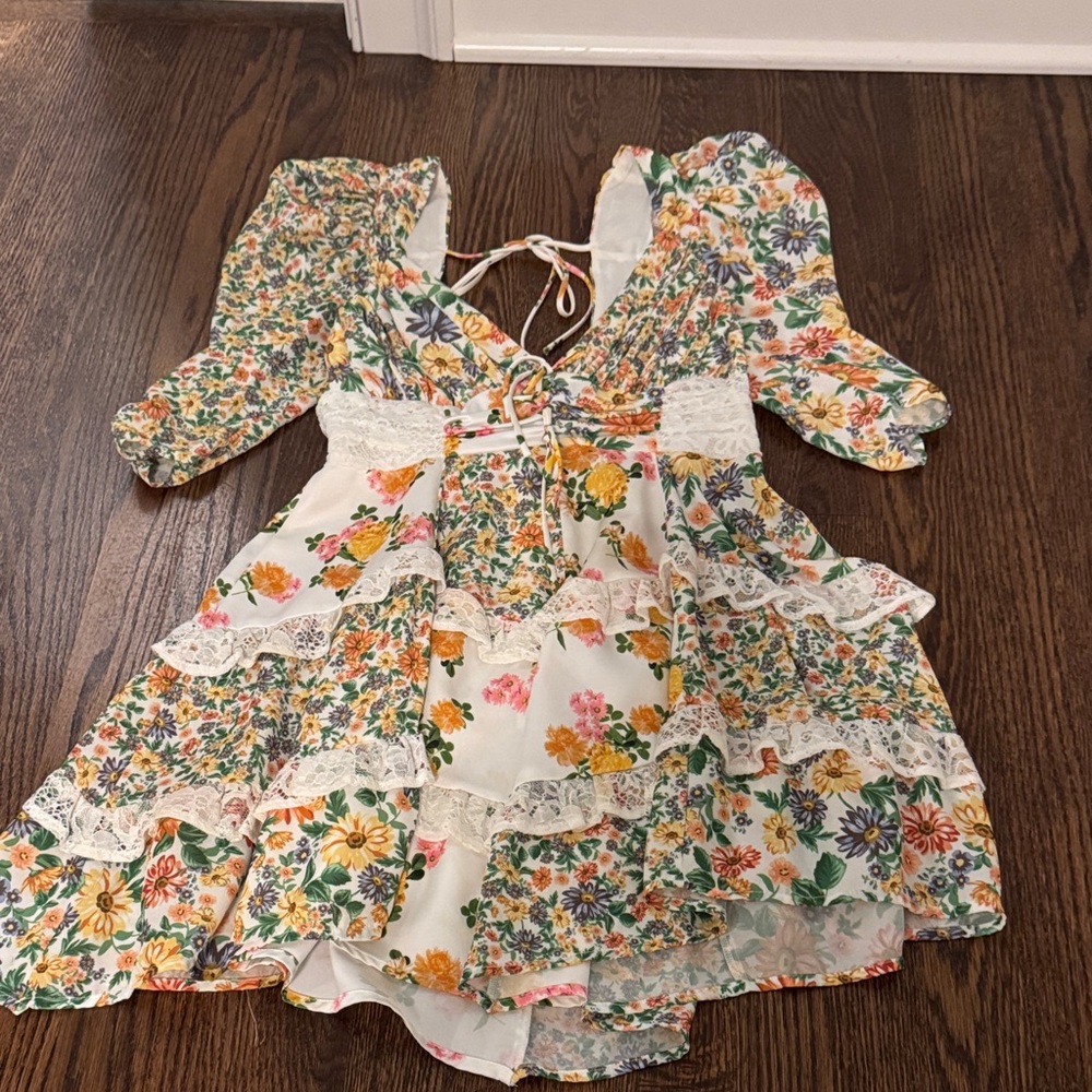 For Love & Lemons Floral Mini Dress in White, Green, Yellow, Pink